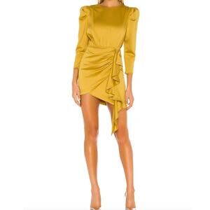 NBD Pandora Mustard Yellow Open Back Ruffle Satin Mini Dress • Size XXS 🗣